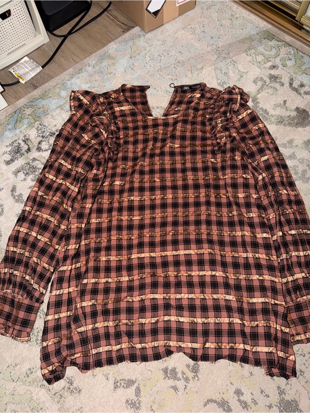 Zara Rust and Black Plaid Ruffle-Shoulder Blouse